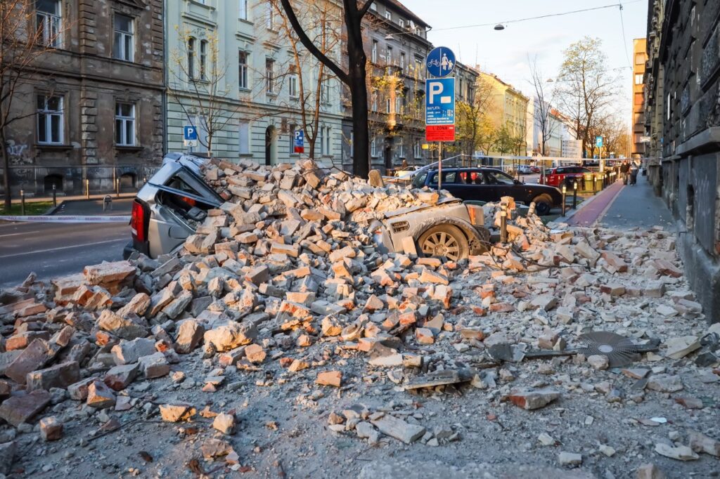 debris on the streets of Zagreb after earthquake