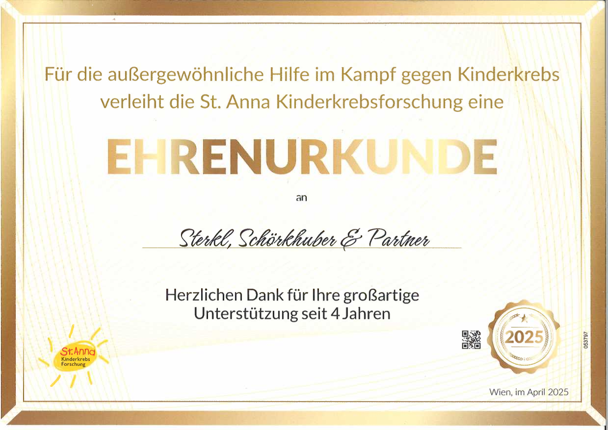 Urkunde Ehrenkunde St. Anna Kinderkrebs-Forschung SSP 2024